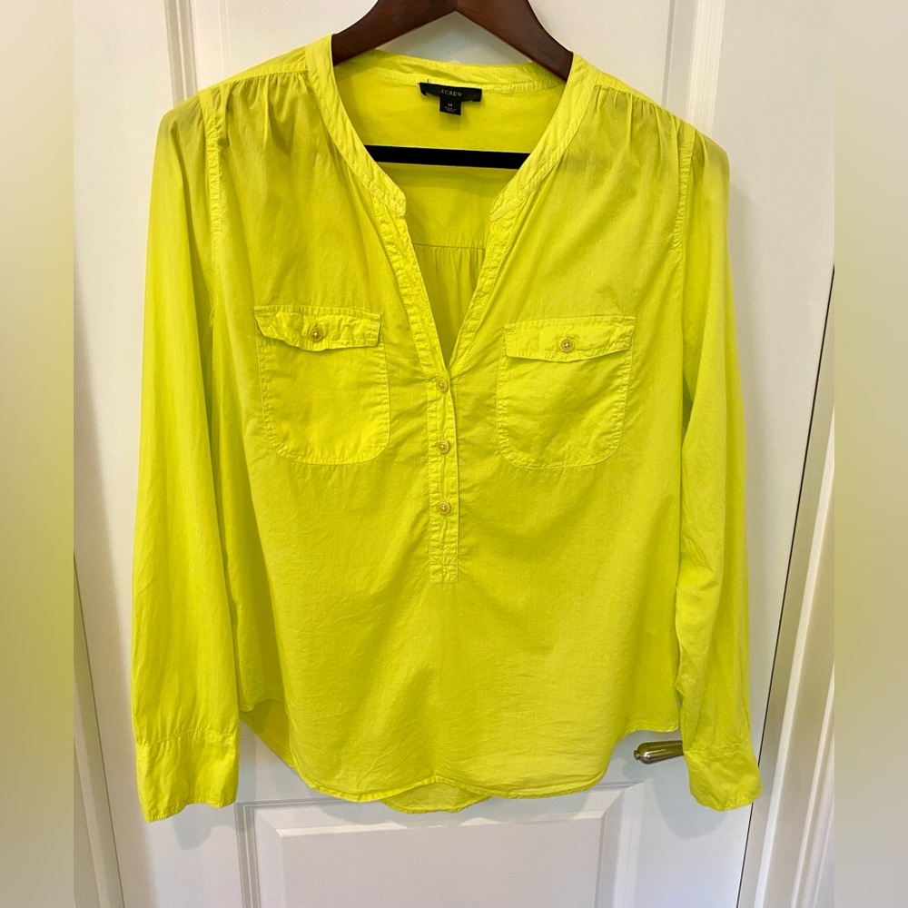 J Crew Fluorescent Yellow Light Cotton Pullover Blouse with Buttons Size M